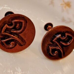 Vtg Rare Mid-Century Modern Real Copper Screw Back Earrings Patina Disc